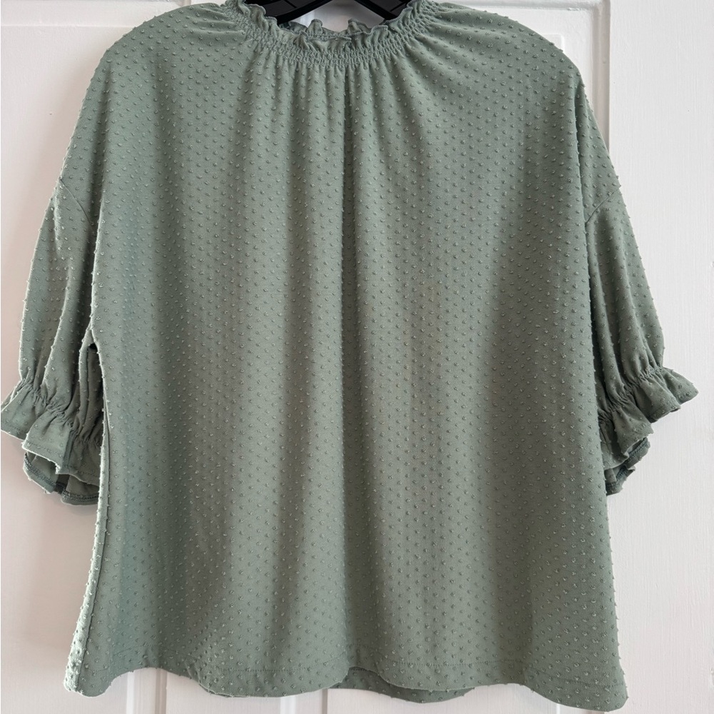 Madewell Sage Green Dotted Puff Sleeve Top